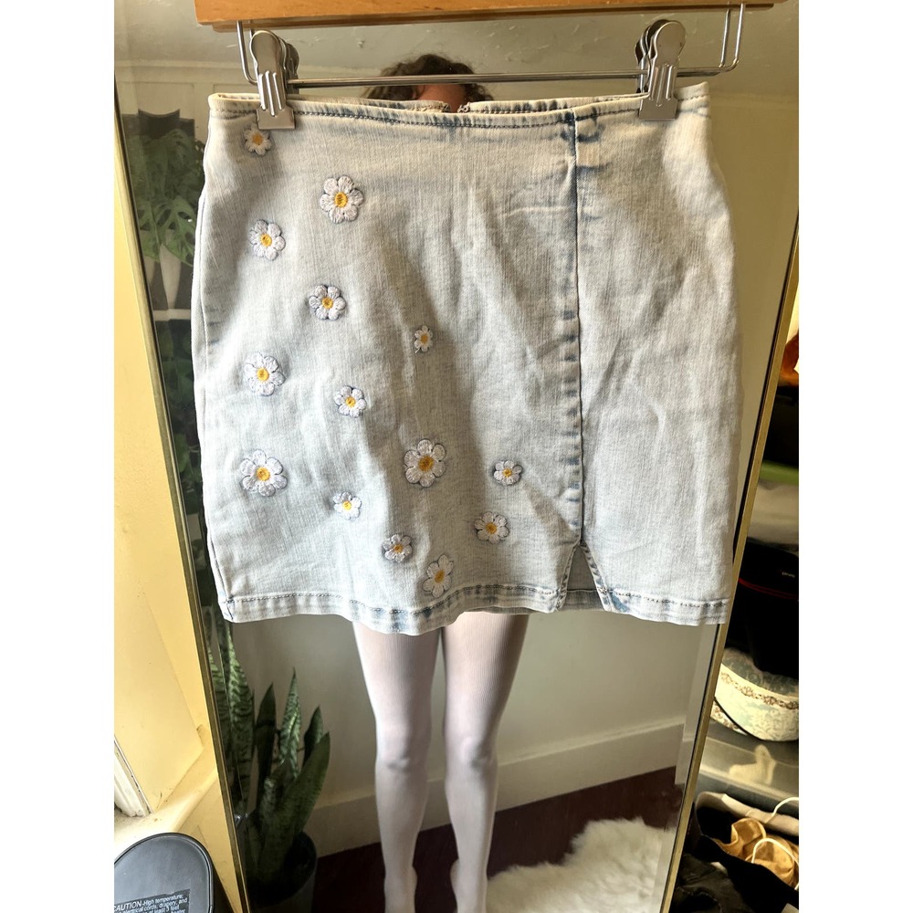 embroidered denim mini skirt